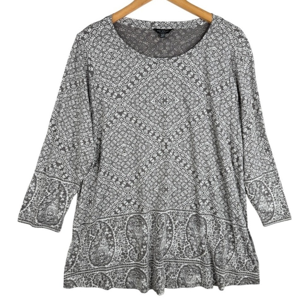 NWT Lucky Brand Boho Geometric Paisley Print 3/4 Sleeve Blouse size 2X Gray/Whit